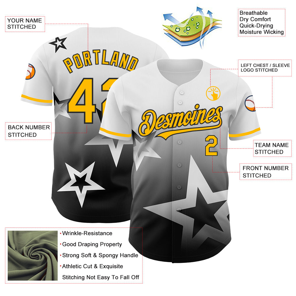 Custom White Gold-Black 3D Pattern Design Gradient Style Twinkle Star Authentic Baseball Jersey - Sky-Custom
