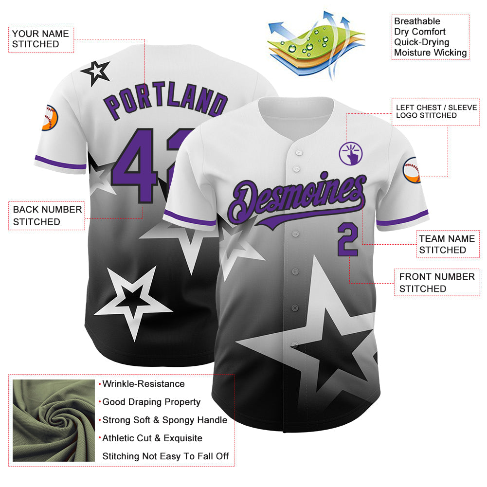 Custom White Purple-Black 3D Pattern Design Gradient Style Twinkle Star Authentic Baseball Jersey - Sky-Custom