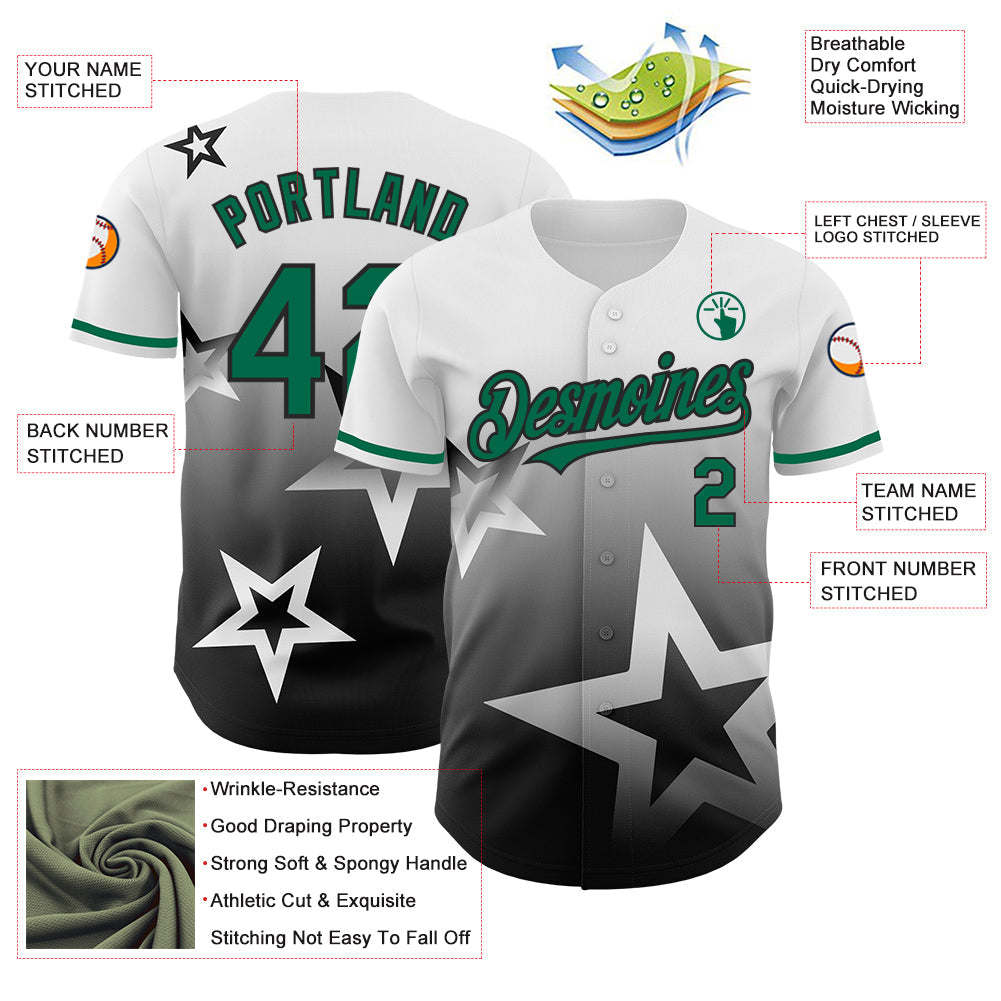 Custom White Kelly Green-Black 3D Pattern Design Gradient Style Twinkle Star Authentic Baseball Jersey - Sky-Custom