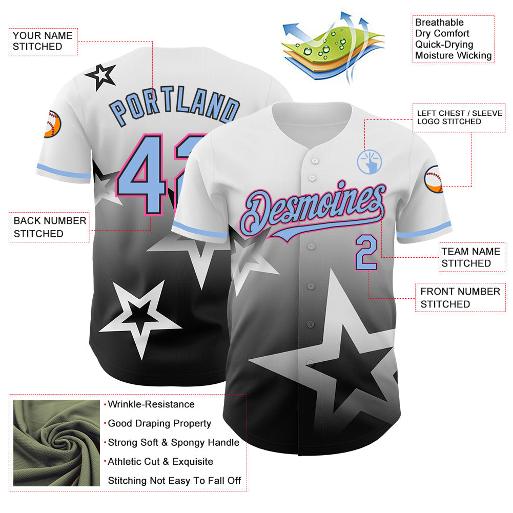 Custom White Light Blue Black-Pink 3D Pattern Design Gradient Style Twinkle Star Authentic Baseball Jersey - Sky-Custom