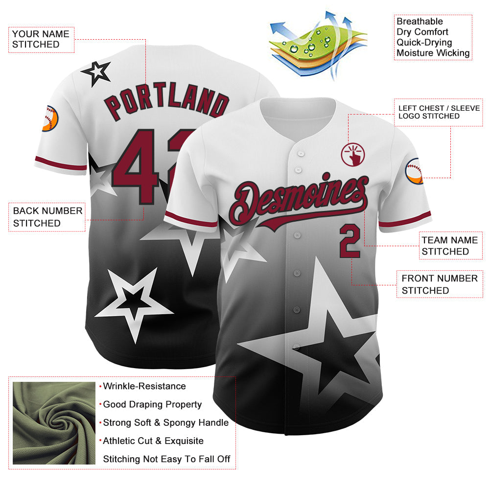 Custom White Crimson-Black 3D Pattern Design Gradient Style Twinkle Star Authentic Baseball Jersey - Sky-Custom