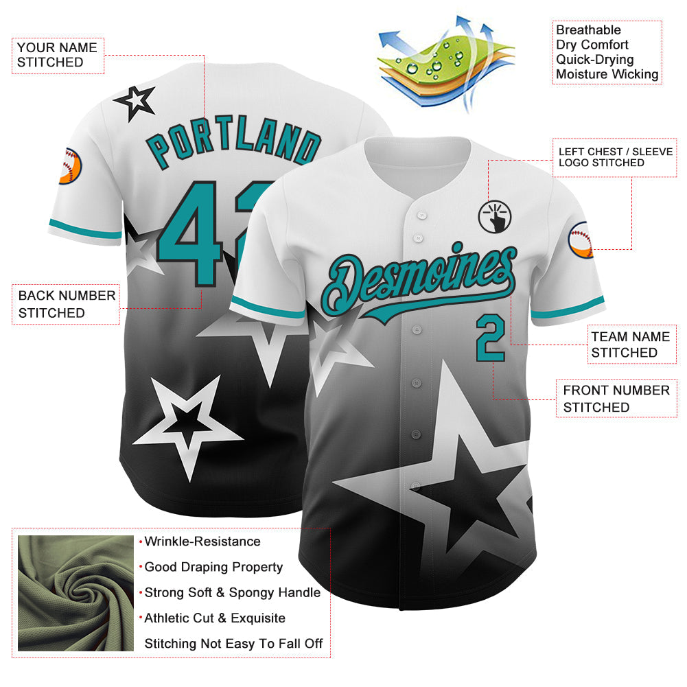 Custom White Teal-Black 3D Pattern Design Gradient Style Twinkle Star Authentic Baseball Jersey - Sky-Custom