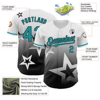 Custom White Teal-Black 3D Pattern Design Gradient Style Twinkle Star Authentic Baseball Jersey - Sky-Custom