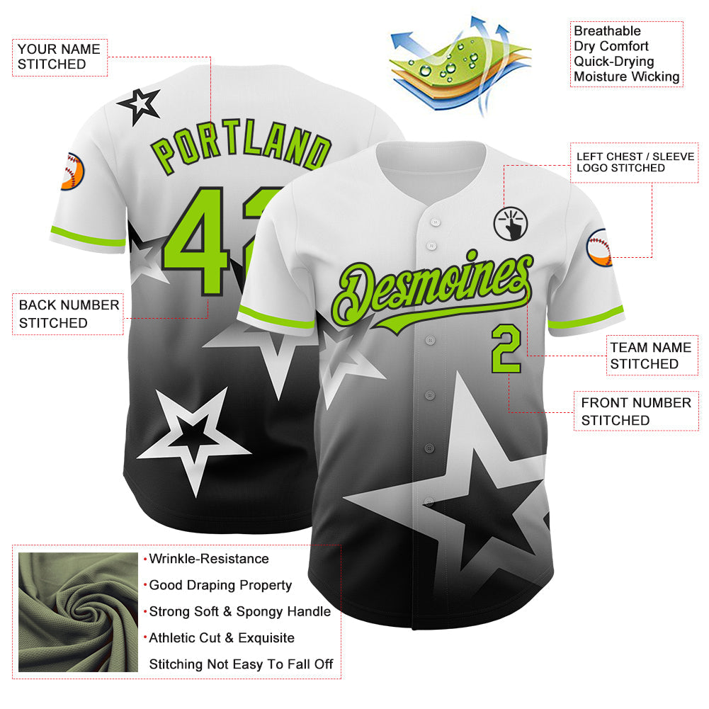 Custom White Neon Green-Black 3D Pattern Design Gradient Style Twinkle Star Authentic Baseball Jersey - Sky-Custom