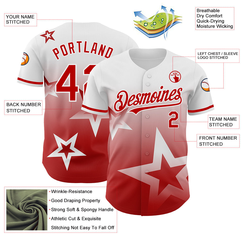 Custom White Red 3D Pattern Design Gradient Style Twinkle Star Authentic Baseball Jersey - Sky-Custom