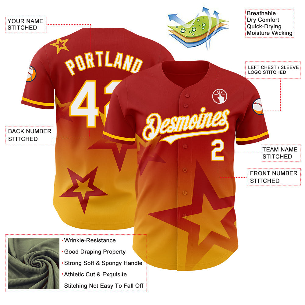 Custom Red White-Gold 3D Pattern Design Gradient Style Twinkle Star Authentic Baseball Jersey - Sky-Custom