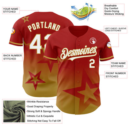 Custom Red White-Old Gold 3D Pattern Design Gradient Style Twinkle Star Authentic Baseball Jersey - Sky-Custom