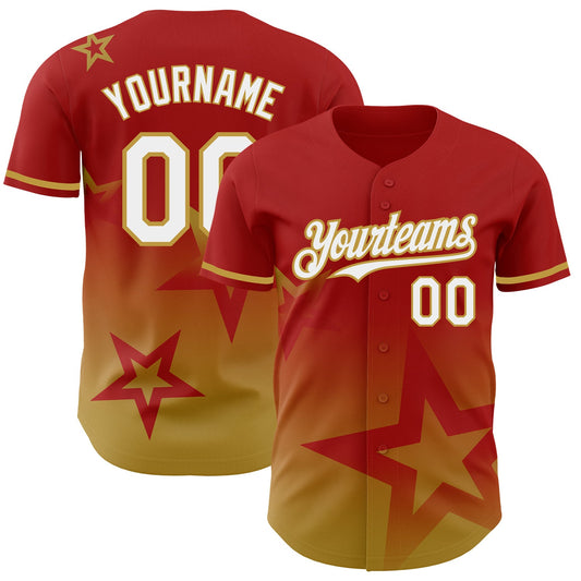 Custom Red White-Old Gold 3D Pattern Design Gradient Style Twinkle Star Authentic Baseball Jersey - Sky-Custom