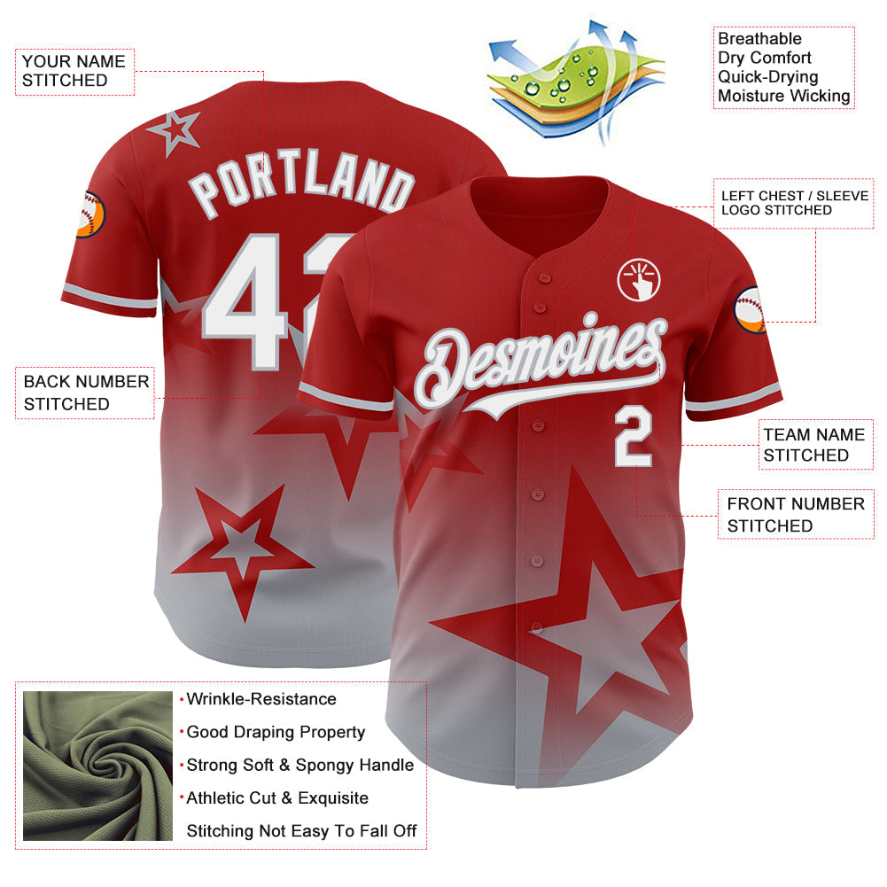 Custom Red White-Gray 3D Pattern Design Gradient Style Twinkle Star Authentic Baseball Jersey - Sky-Custom