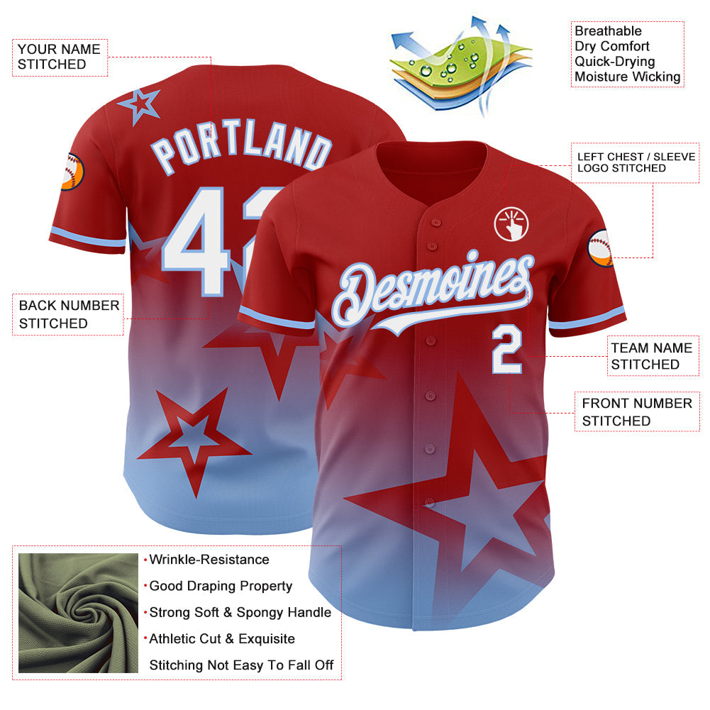 Custom Red White-Light Blue 3D Pattern Design Gradient Style Twinkle Star Authentic Baseball Jersey - Sky-Custom