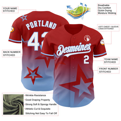 Custom Red White-Light Blue 3D Pattern Design Gradient Style Twinkle Star Authentic Baseball Jersey - Sky-Custom