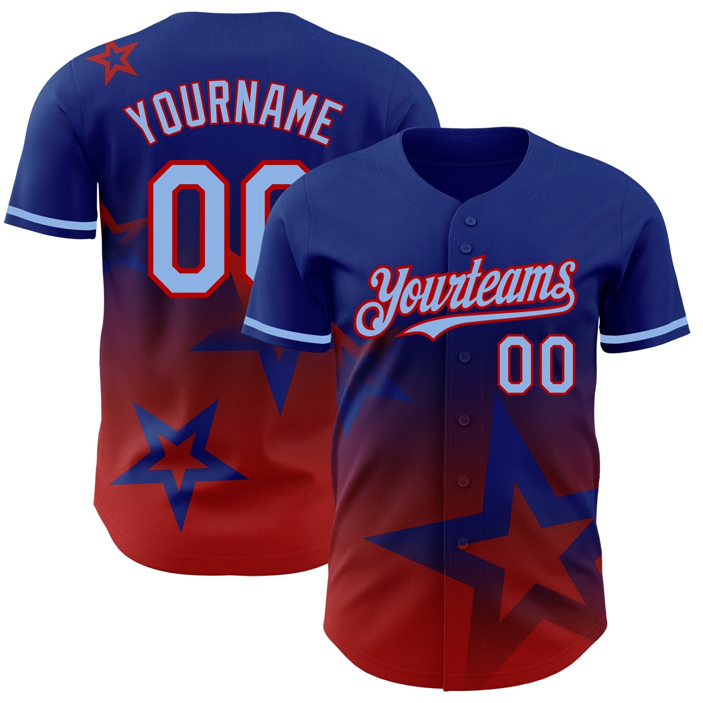 Custom Royal Light Blue-Red 3D Pattern Design Gradient Style Twinkle Star Authentic Baseball Jersey - Sky-Custom