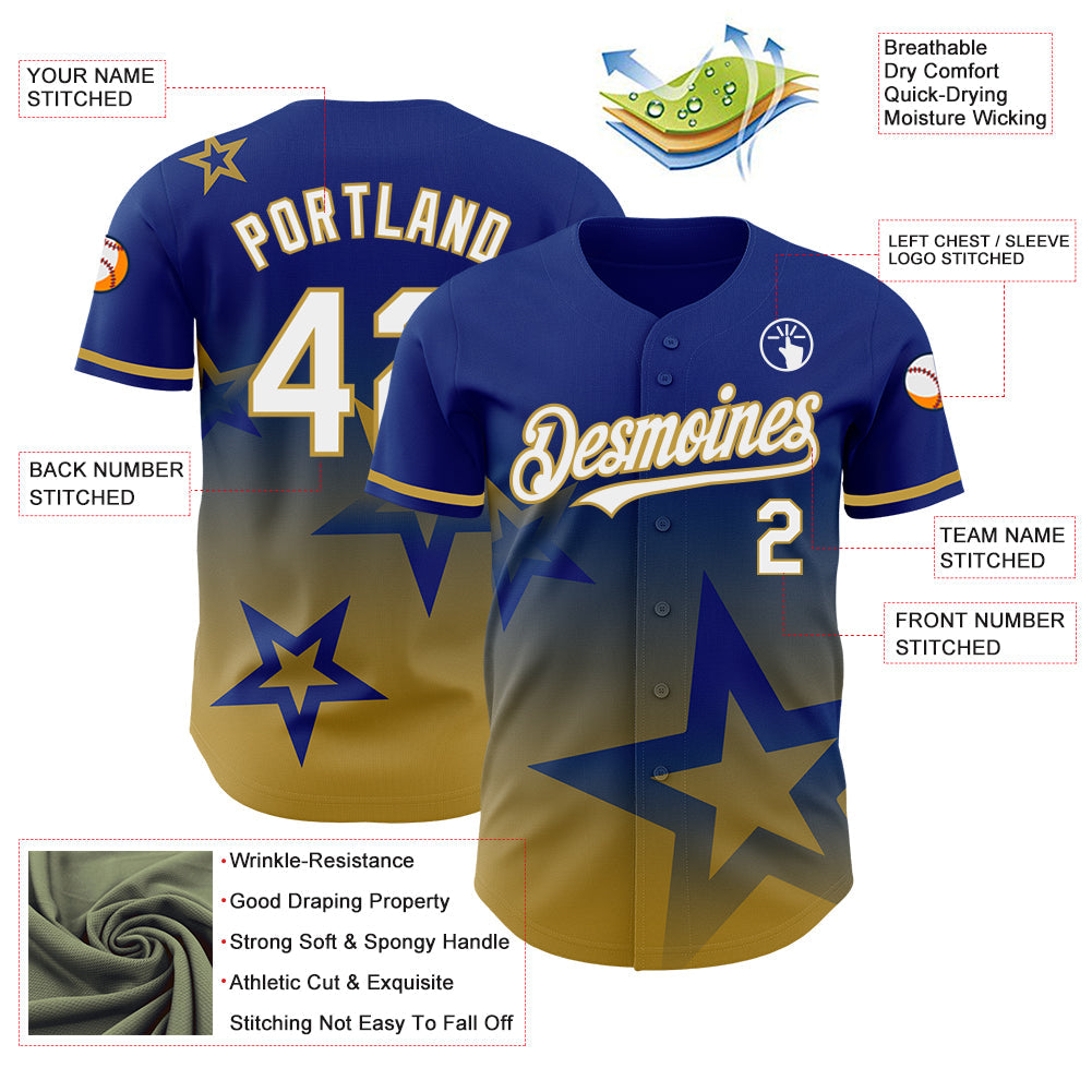 Custom Royal White-Old Gold 3D Pattern Design Gradient Style Twinkle Star Authentic Baseball Jersey - Sky-Custom