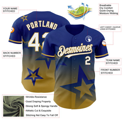 Custom Royal White-Old Gold 3D Pattern Design Gradient Style Twinkle Star Authentic Baseball Jersey - Sky-Custom