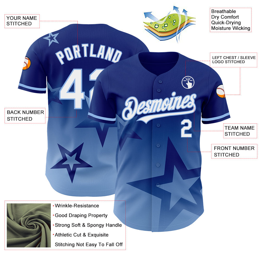 Custom Royal White-Light Blue 3D Pattern Design Gradient Style Twinkle Star Authentic Baseball Jersey - Sky-Custom