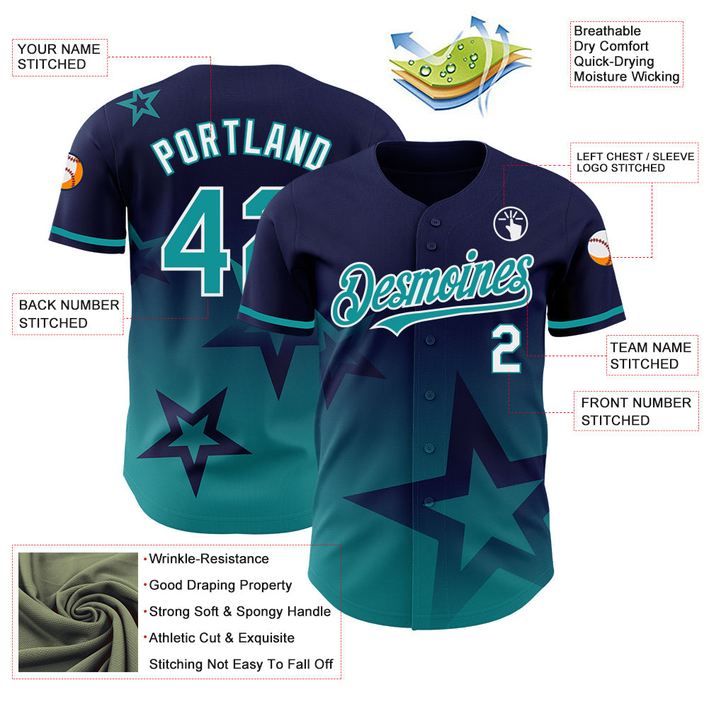 Custom Navy Teal-White 3D Pattern Design Gradient Style Twinkle Star Authentic Baseball Jersey - Sky-Custom
