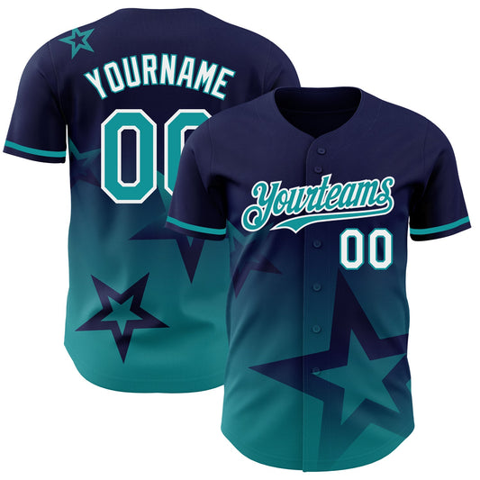 Custom Navy Teal-White 3D Pattern Design Gradient Style Twinkle Star Authentic Baseball Jersey - Sky-Custom