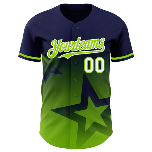 Custom Navy Neon Green-White 3D Pattern Design Gradient Style Twinkle Star Authentic Baseball Jersey - Sky-Custom