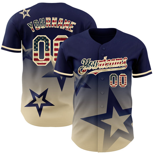 Custom Navy Vintage USA Flag-Cream 3D Pattern Design Gradient Style Twinkle Star Authentic Baseball Jersey - Sky-Custom