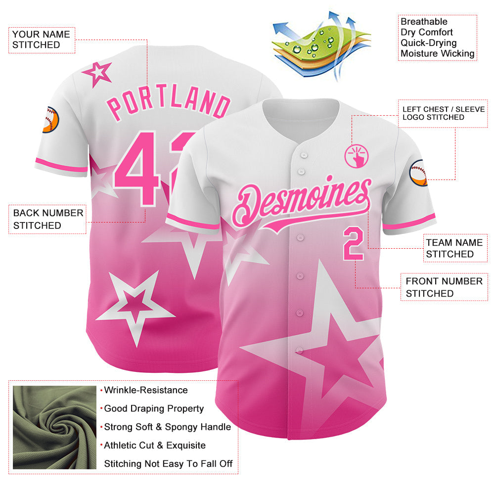 Custom White Pink 3D Pattern Design Gradient Style Twinkle Star Authentic Baseball Jersey - Sky-Custom