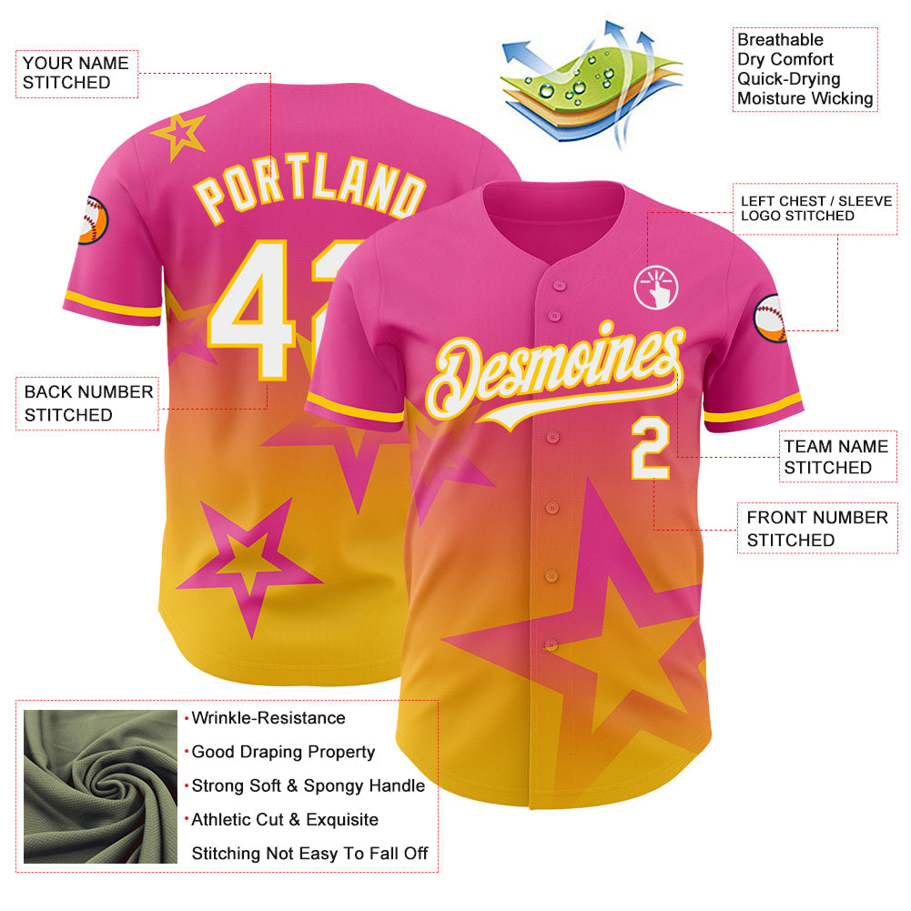 Custom Pink White-Yellow 3D Pattern Design Gradient Style Twinkle Star Authentic Baseball Jersey - Sky-Custom
