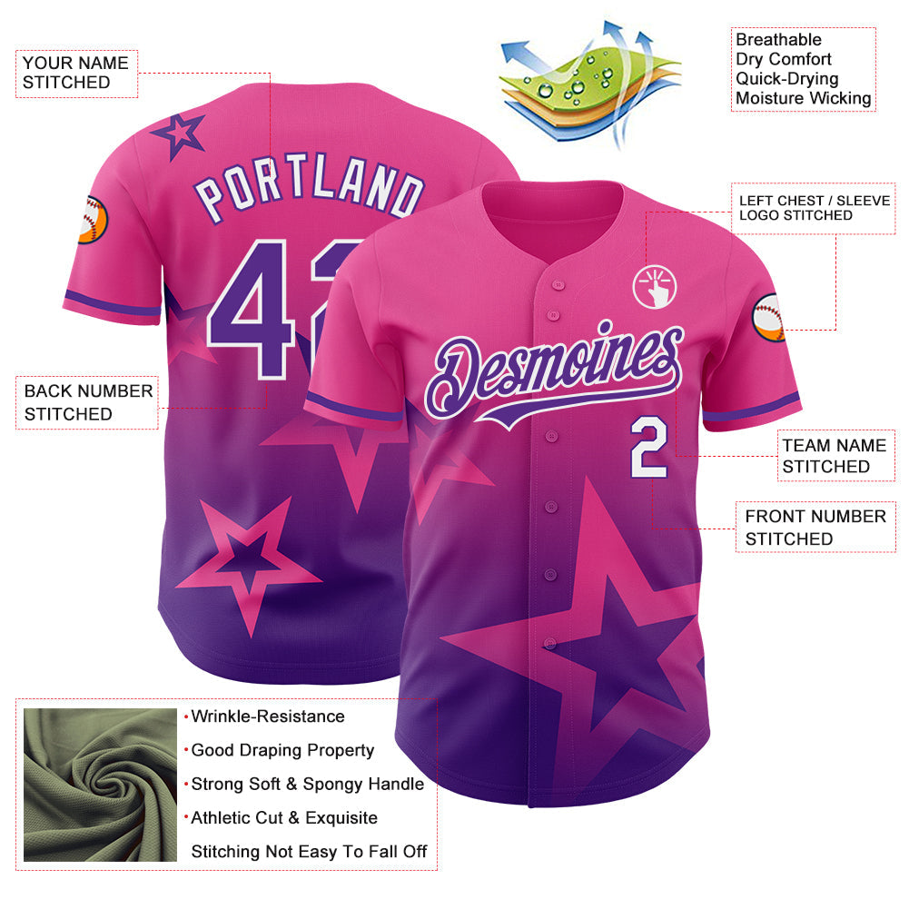 Custom Pink Purple-White 3D Pattern Design Gradient Style Twinkle Star Authentic Baseball Jersey - Sky-Custom