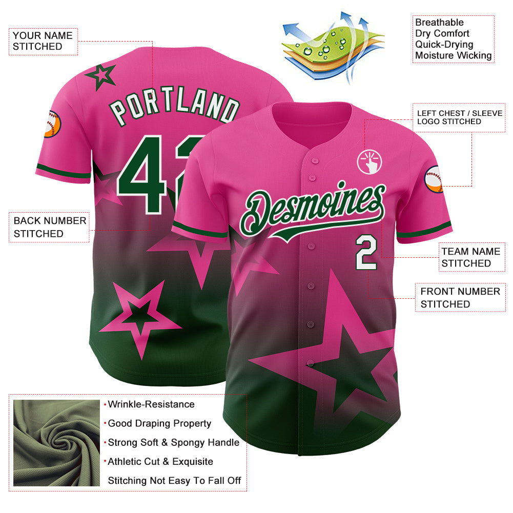 Custom Pink Green-White 3D Pattern Design Gradient Style Twinkle Star Authentic Baseball Jersey - Sky-Custom