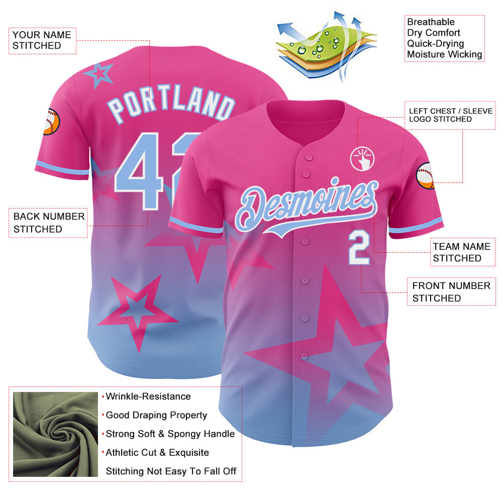 Custom Pink Light Blue-White 3D Pattern Design Gradient Style Twinkle Star Authentic Baseball Jersey - Sky-Custom