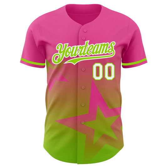 Custom Pink Neon Green-White 3D Pattern Design Gradient Style Twinkle Star Authentic Baseball Jersey - Sky-Custom