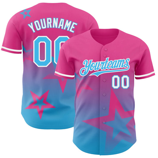 Custom Pink Sky Blue-White 3D Pattern Design Gradient Style Twinkle Star Authentic Baseball Jersey - Sky-Custom