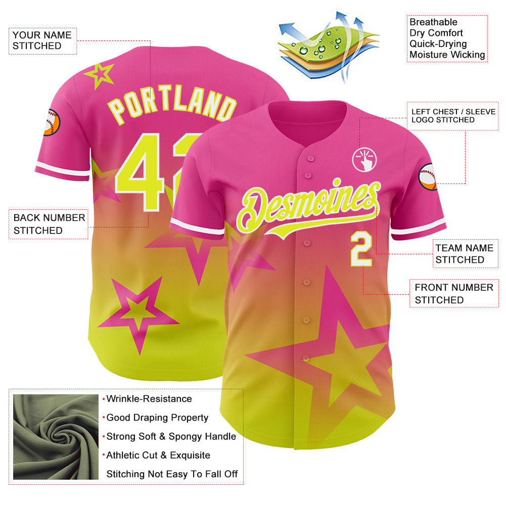 Custom Pink Neon Yellow-White 3D Pattern Design Gradient Style Twinkle Star Authentic Baseball Jersey - Sky-Custom