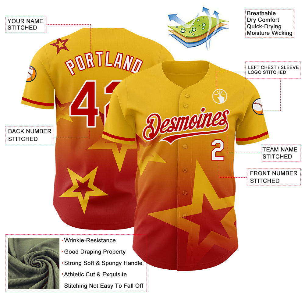 Custom Yellow Red-White 3D Pattern Design Gradient Style Twinkle Star Authentic Baseball Jersey - Sky-Custom