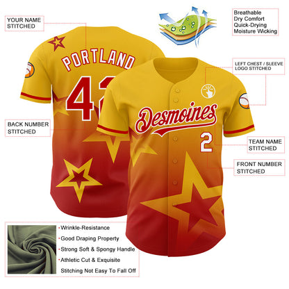 Custom Yellow Red-White 3D Pattern Design Gradient Style Twinkle Star Authentic Baseball Jersey - Sky-Custom