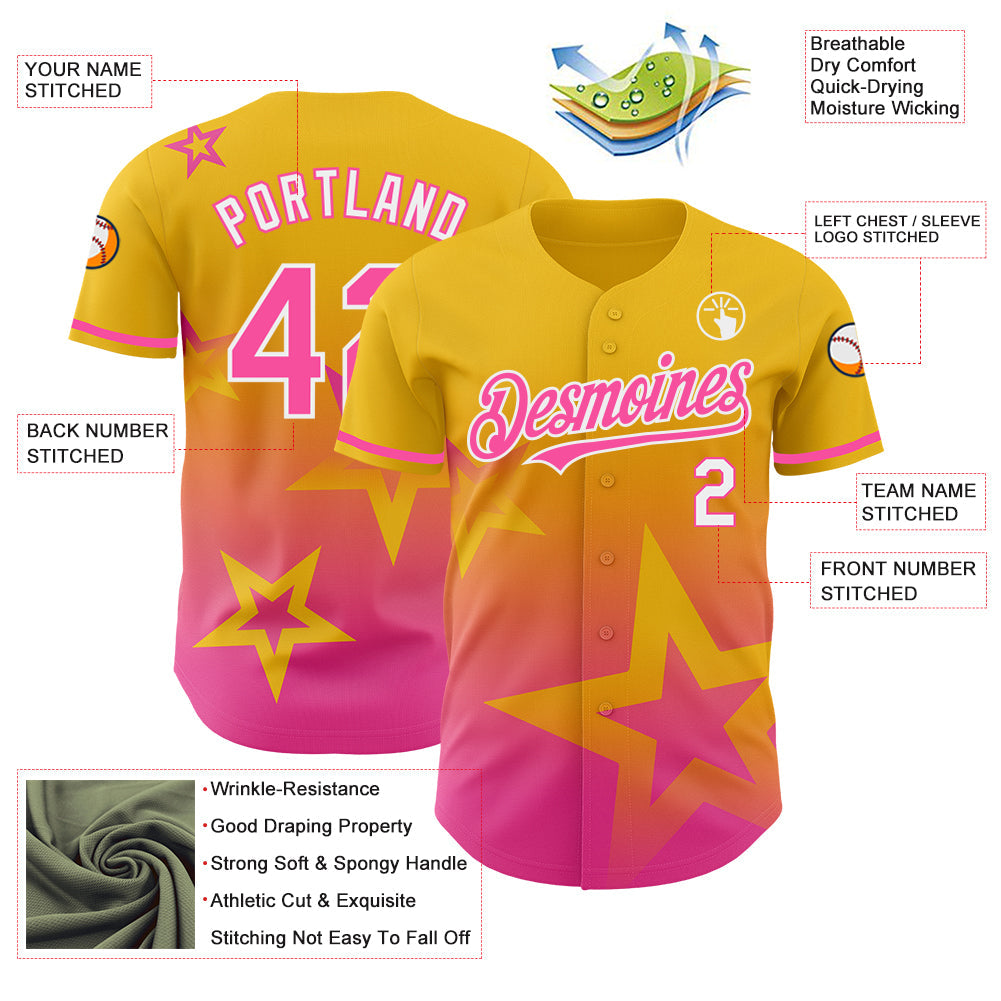 Custom Yellow Pink-White 3D Pattern Design Gradient Style Twinkle Star Authentic Baseball Jersey - Sky-Custom