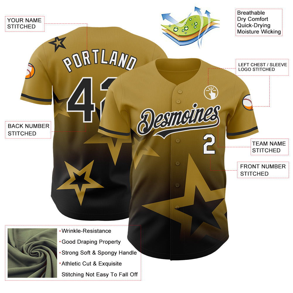 Custom Old Gold Black-White 3D Pattern Design Gradient Style Twinkle Star Authentic Baseball Jersey - Sky-Custom