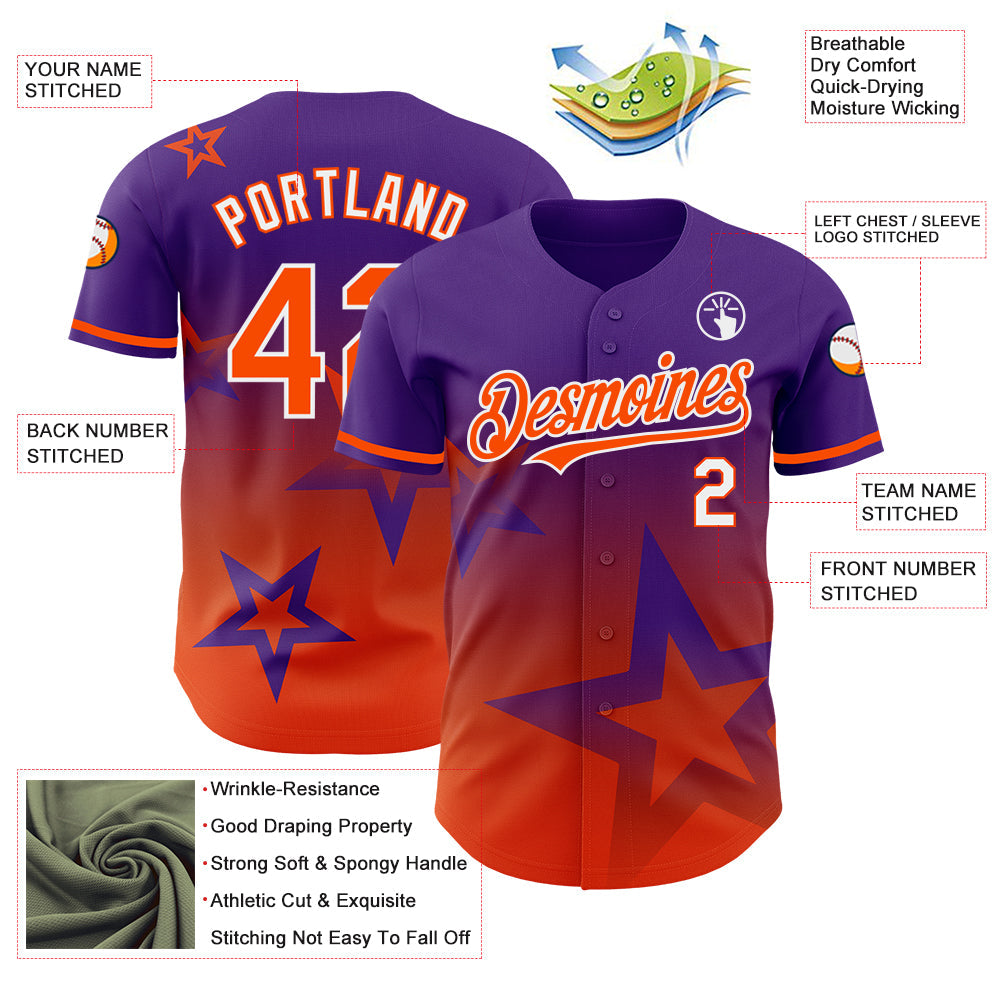 Custom Purple Orange-White 3D Pattern Design Gradient Style Twinkle Star Authentic Baseball Jersey - Sky-Custom
