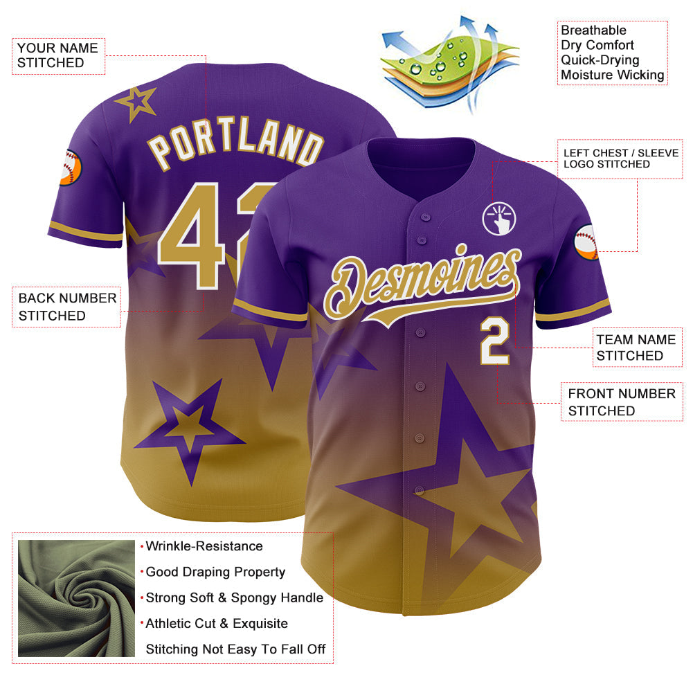 Custom Purple Old Gold-White 3D Pattern Design Gradient Style Twinkle Star Authentic Baseball Jersey - Sky-Custom