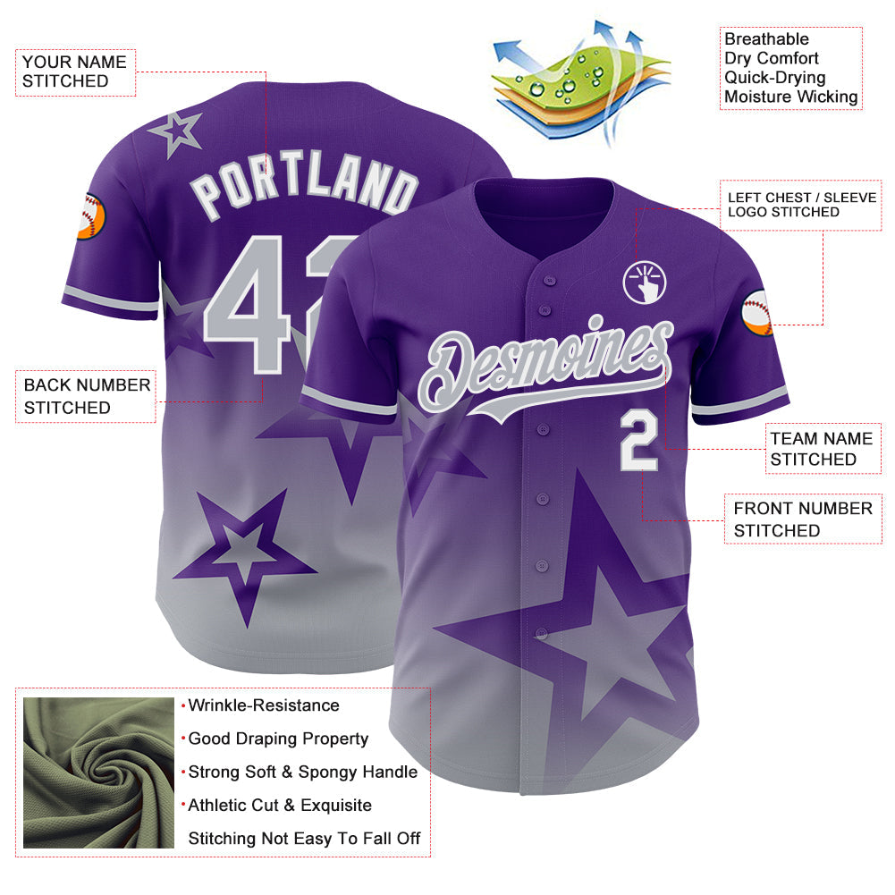 Custom Purple Gray-White 3D Pattern Design Gradient Style Twinkle Star Authentic Baseball Jersey - Sky-Custom