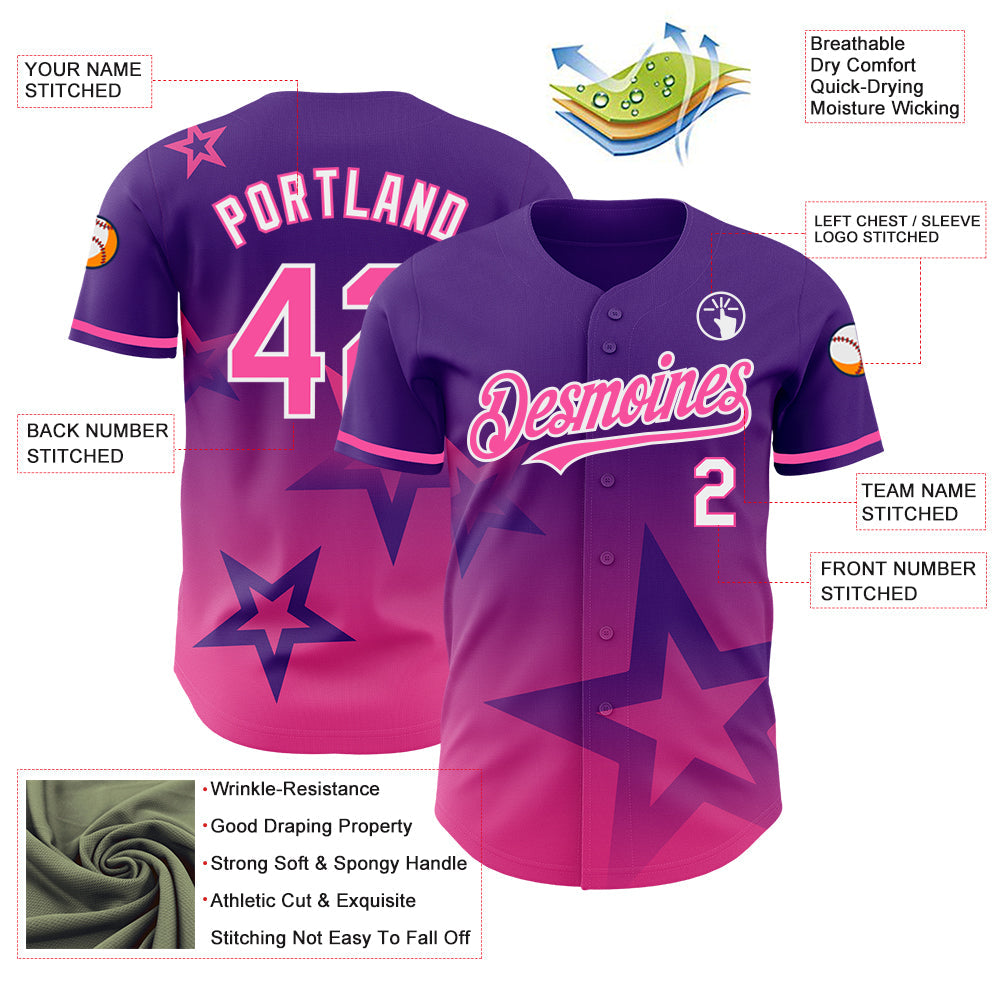 Custom Purple Pink-White 3D Pattern Design Gradient Style Twinkle Star Authentic Baseball Jersey - Sky-Custom