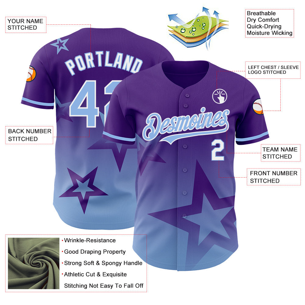 Custom Purple Light Blue-White 3D Pattern Design Gradient Style Twinkle Star Authentic Baseball Jersey - Sky-Custom