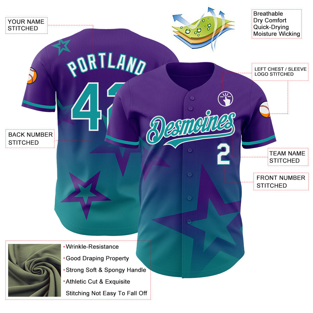 Custom Purple Teal-White 3D Pattern Design Gradient Style Twinkle Star Authentic Baseball Jersey - Sky-Custom