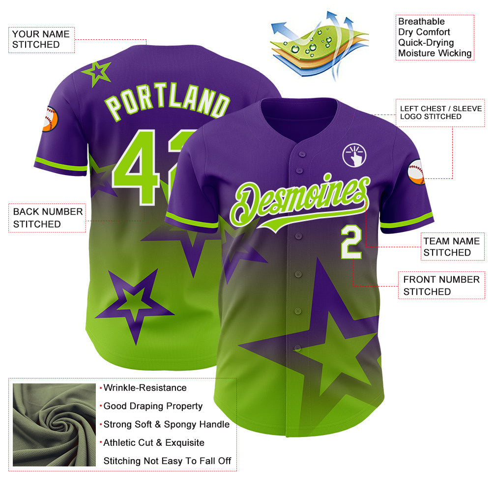 Custom Purple Neon Green-White 3D Pattern Design Gradient Style Twinkle Star Authentic Baseball Jersey - Sky-Custom