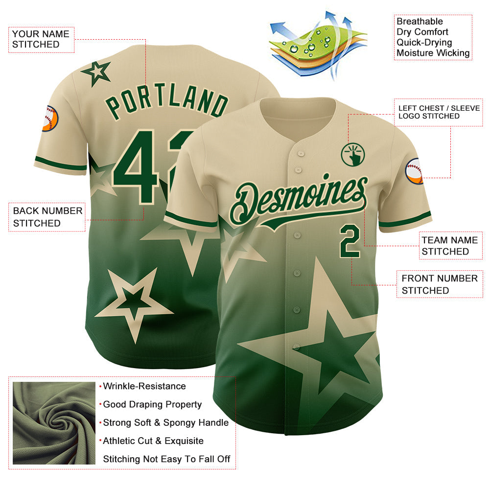 Custom Cream Green 3D Pattern Design Gradient Style Twinkle Star Authentic Baseball Jersey - Sky-Custom