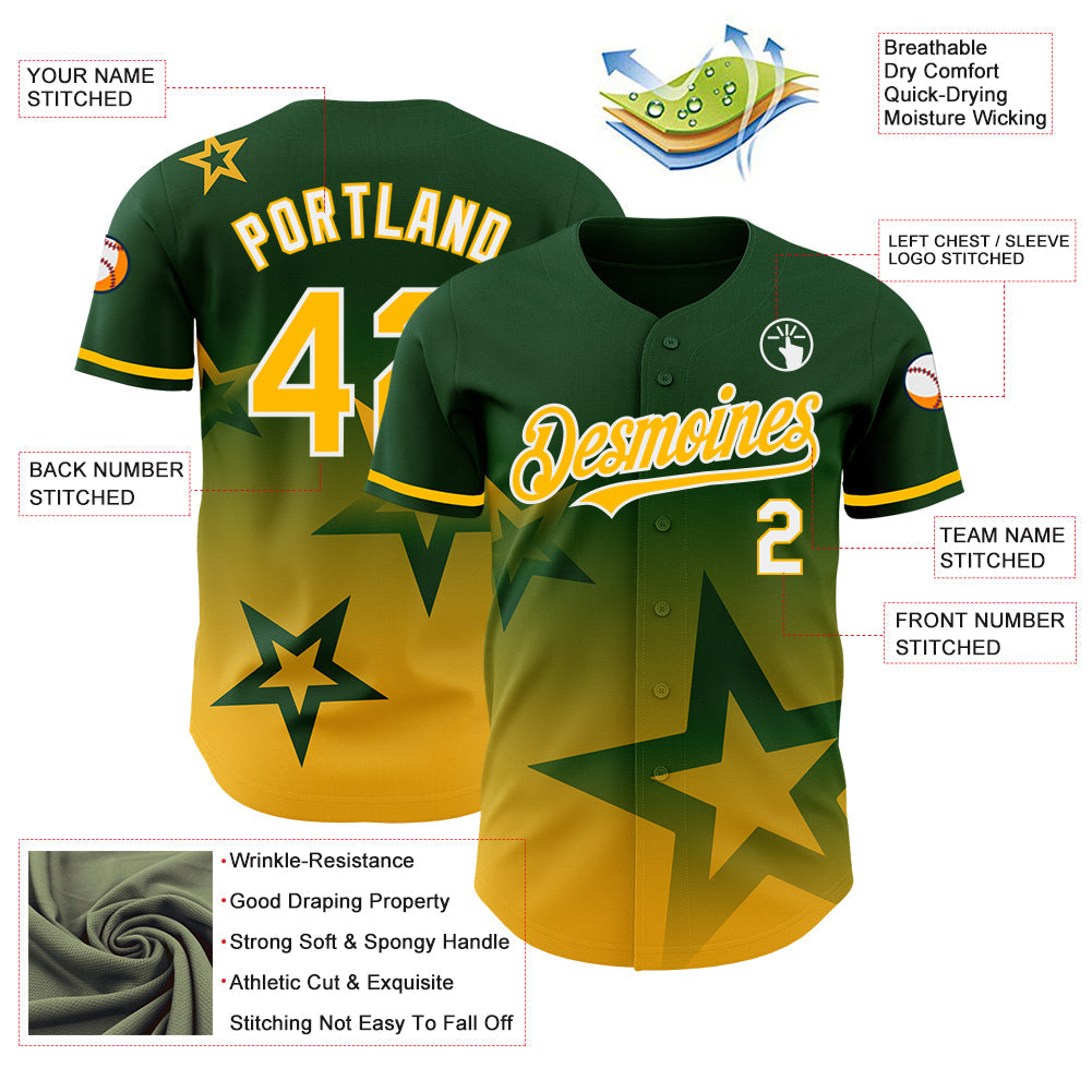 Custom Green Gold-White 3D Pattern Design Gradient Style Twinkle Star Authentic Baseball Jersey - Sky-Custom