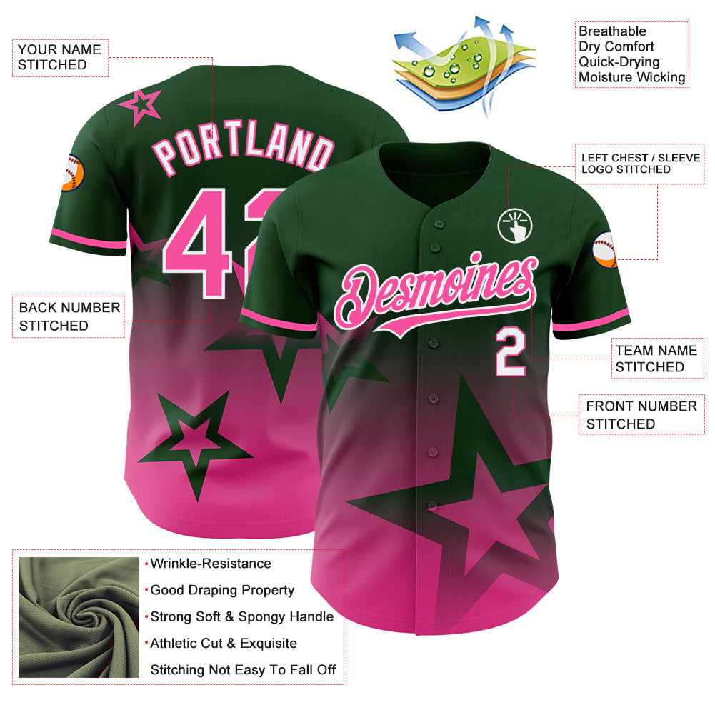 Custom Green Pink-White 3D Pattern Design Gradient Style Twinkle Star Authentic Baseball Jersey - Sky-Custom