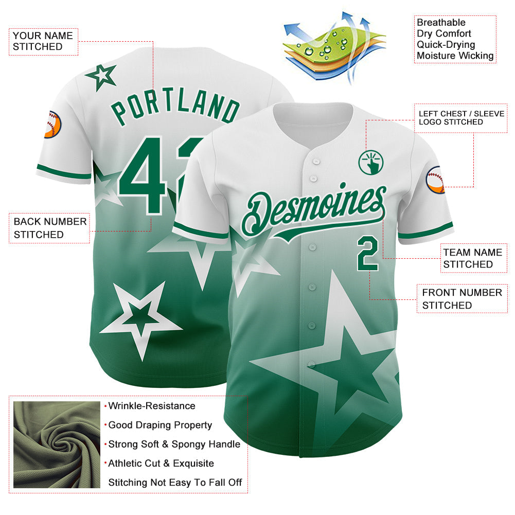 Custom White Kelly Green 3D Pattern Design Gradient Style Twinkle Star Authentic Baseball Jersey - Sky-Custom