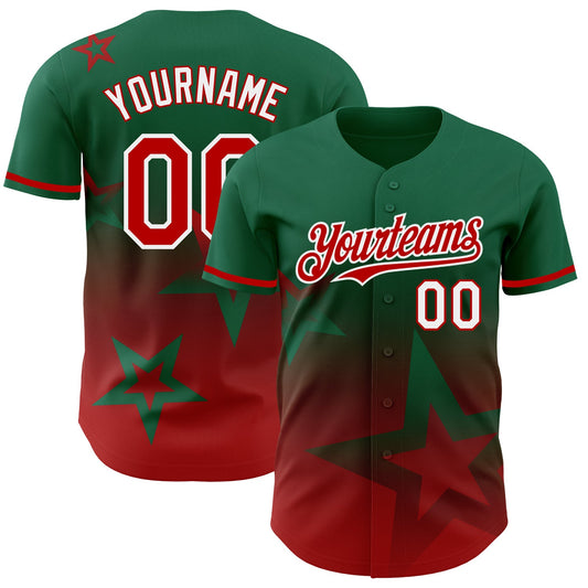 Custom Kelly Green Red-White 3D Pattern Design Gradient Style Twinkle Star Authentic Baseball Jersey - Sky-Custom