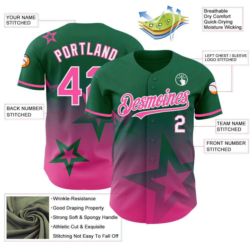 Custom Kelly Green Pink-White 3D Pattern Design Gradient Style Twinkle Star Authentic Baseball Jersey - Sky-Custom