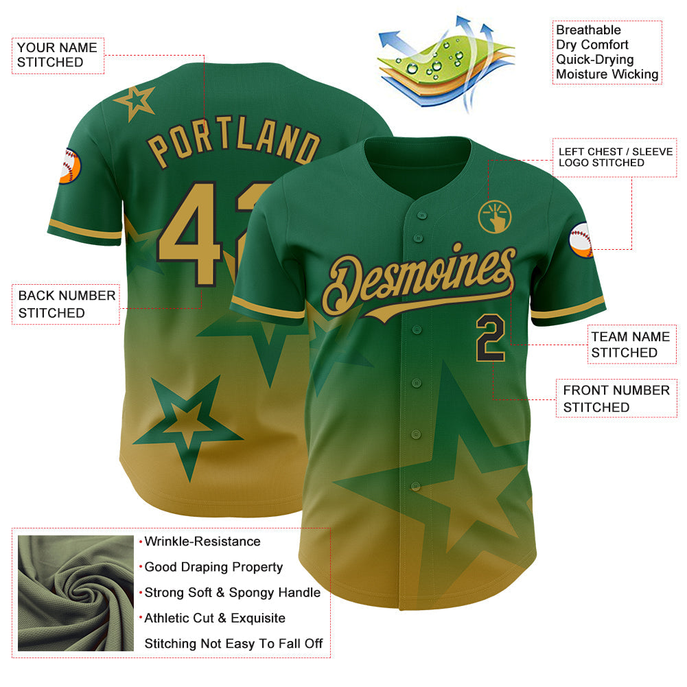 Custom Kelly Green Old Gold-Black 3D Pattern Design Gradient Style Twinkle Star Authentic Baseball Jersey - Sky-Custom