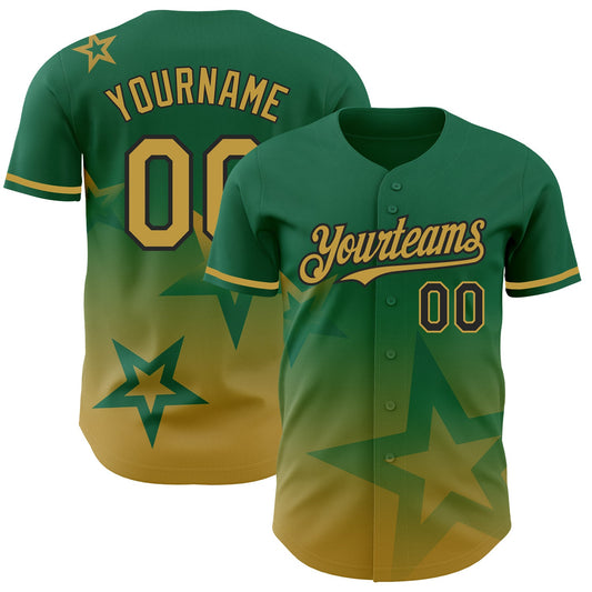 Custom Kelly Green Old Gold-Black 3D Pattern Design Gradient Style Twinkle Star Authentic Baseball Jersey - Sky-Custom